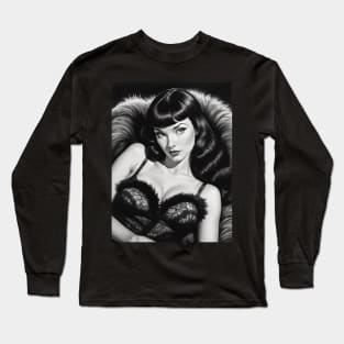 Bettie Page Black and White Portrait Long Sleeve T-Shirt